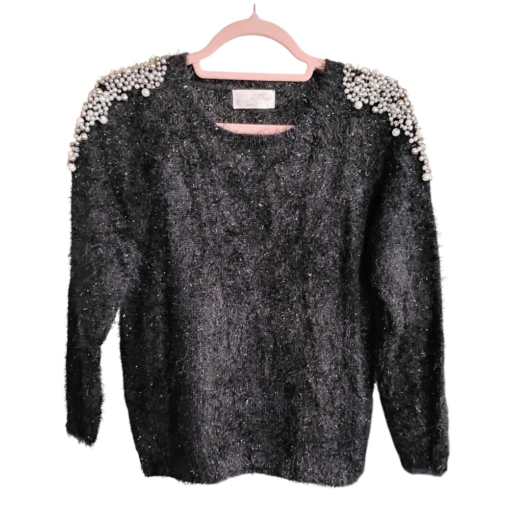 Mizumi Black Fuzzy Pearl Shoulder Sweater‎ Women's M Shaggy Knit Sparkle Party